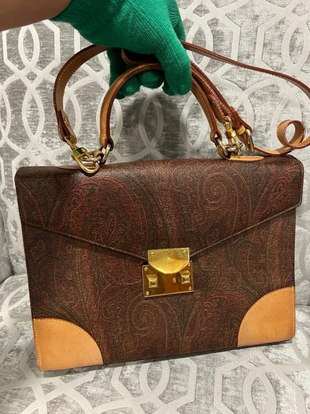 Etro Paisley Top Handle Bag Brown Leather Crossbody Italy Vintage - Picture 4 of 10